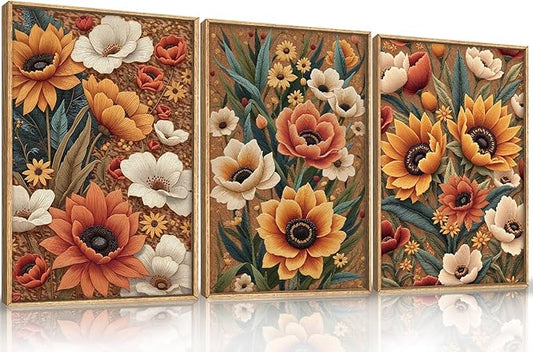 Large Boho Flower Botanical Framed Canvas Wall Art,Abstract Floral Wall Decor,Embroidery Plant Wall Painting,Bloom Wildflower Artwork for Living Room,Bedroom,Dining Room,Office -16"x24"x3