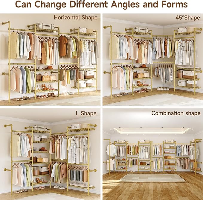 H4 Wall Mounted Closet System, Expandable Industrial Pipe Clothes Rack Clothing Rack for Hanging Clothes, Heavy Duty Closet Organizers and Storage in Wardrobe Closet - Gold