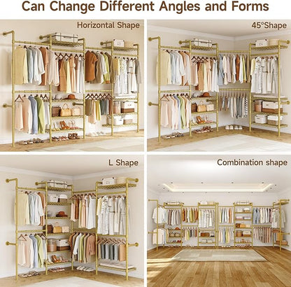 H4 Wall Mounted Closet System, Expandable Industrial Pipe Clothes Rack Clothing Rack for Hanging Clothes, Heavy Duty Closet Organizers and Storage in Wardrobe Closet - Gold