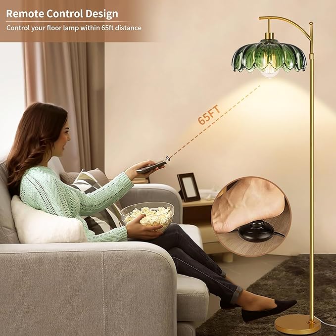 Arc Floor Lamp for Living Room Gold Floor Lamp with Remote Control,Dimmable LED Floor Lamps Glass Lamp Shades Vintage Standing Lamp with 3 Color Temperature Tall Flower Lamps for Bedroom Corner