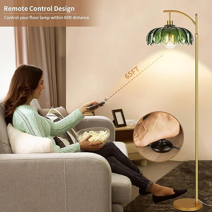 Gold Floor Lamps for Living Room,Glass Floor Lamp with Remote Control & Green Lampshade,Arc Flower Floor Lamp Dimmable Mid Century Modern Standing Lamp Vintage Brass Tall Lamp For Bedroom Corner