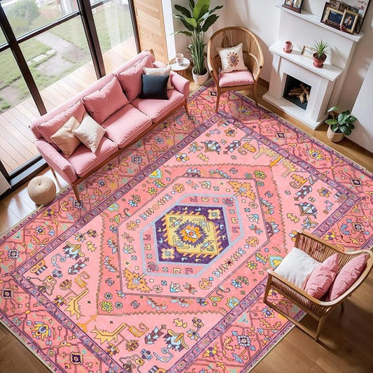 SERISSA Washable Rugs 8x10 Area Rugs, Large Non-Slip Boho Living Room Rug, Ultra Soft Cute Pastel Aesthetic Fuchsia Pink Carpet for Baby Girls Bedroom Kids Playroom Nursery Dining Room Dorm Decor