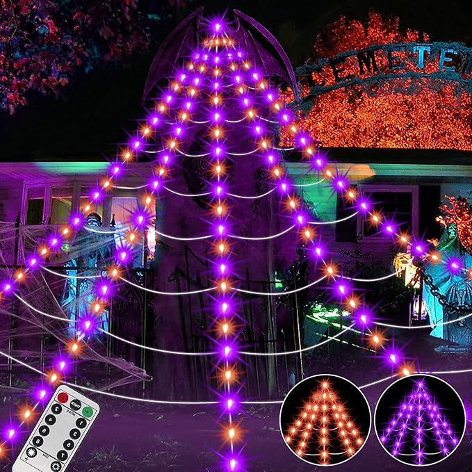 390 LED Halloween Spider Web Lights Decor, 5m Giant Net Lights with 26m Light Chain & Remote Control (8 Light Modes & Timer), Decoration for Garden Indoor Outdoor - Purple+Orange