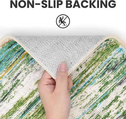 2x8 Modern Abstract Runner Rug for Hallways, Green Grey Multi Super Soft Hallway Decor Kitchen Rugs with Non-Slip, Non-Shedding Washable Rug for Entryway Bedroom Bathroom Laundry Indoor