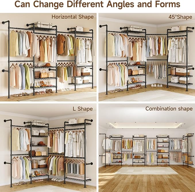 H4 Wall Mounted Closet System, Expandable Industrial Pipe Clothes Rack Clothing Rack for Hanging Clothes, Heavy Duty Closet Organizers and Storage in Wardrobe Closet