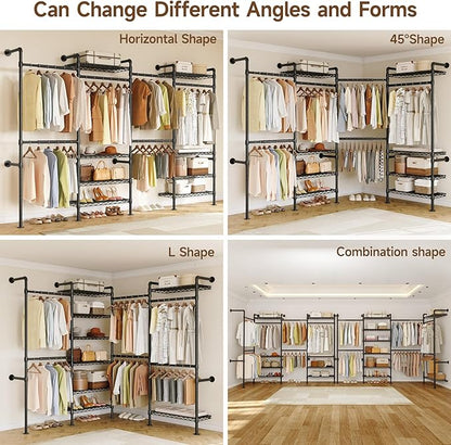 H4 Wall Mounted Closet System, Expandable Industrial Pipe Clothes Rack Clothing Rack for Hanging Clothes, Heavy Duty Closet Organizers and Storage in Wardrobe Closet