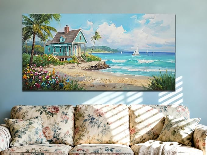 Anolyfi Tropical Large Canvas Wall Art for Living Room, Palm Tree Nature Coastal Seascape Painting Wall Decor Textured Artwork for Bedroom Hallway Kitchen Office Home Decor 58"x29"