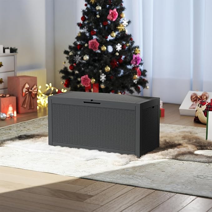 100 Gallon Outdoor Storage Box Waterproof, Resin Deck Boxes with Lockable Lid & UV-Resistant for Patio, Pool, Garden Furniture Cushions & Accessories, Black