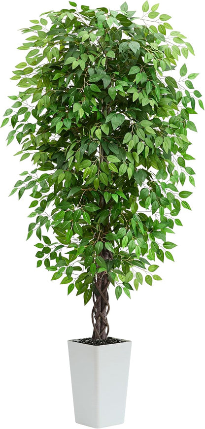 Artificial Ficus Tree 6FT Faux Plants Indoor Tall Fake Plants with White Tall Planter, Green Lifelike Lush Fake Ficus Tree for Home Living Room Bedroom Outdoor Balcony House Office Decor