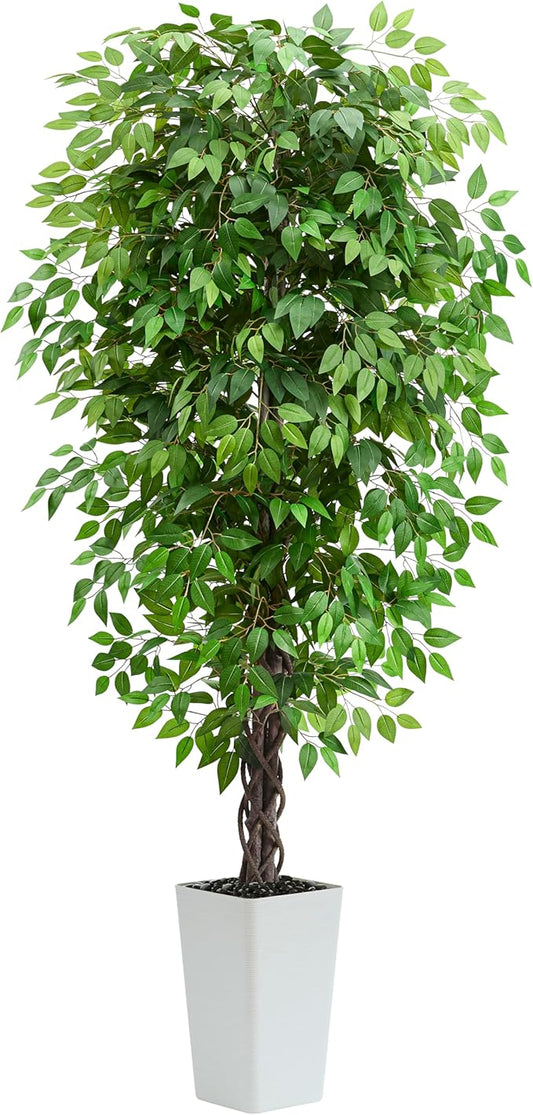 Artificial Ficus Tree 6FT Faux Plants Indoor Tall Fake Plants with White Tall Planter, Green Lifelike Lush Fake Ficus Tree for Home Living Room Bedroom Outdoor Balcony House Office Decor