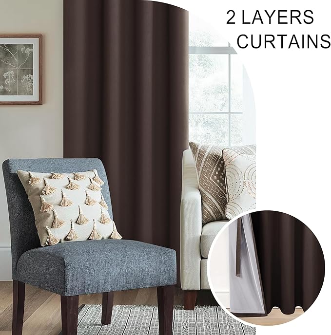 XWZO 100% Blackout Window Curtains - Thermal Insulated & Completely Room Darkening Black Liner Window Treatment with Tiebacks for Bedroom/Living Room, Brown, W52 x L54, Set of 2 Panels