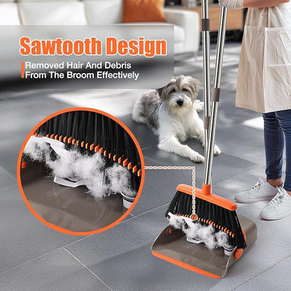 Broom and Dustpan Set, Upgraded Broom with Dustpan Combo Set with 56" Tall Adjustable Handle, Self-Cleaning Teeth, Upright Standing Dust Pan for Heavy Duty Indoor Outdoor Cleaning and Pet Hair