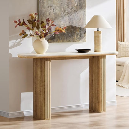 OKD 63 Inch Modern Console Table with Arc Black Marble Texture Top, Fluted Wood Base, Contemporary Entryway Sofa Table for Living Room, Hallway, Foyer, Natural Oak