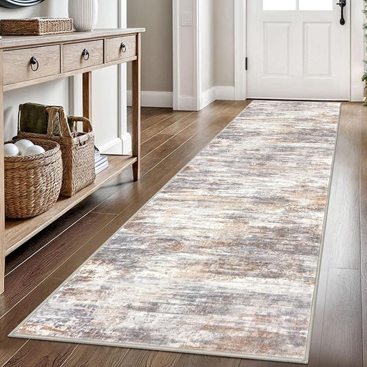 KOZYFLY Modern Abstract Hallway Runner Rug, 2.6x8 Washable Rug Runner Non-Slip Soft Striped Kitchen Runner Rugs, Print Multi Grey Carpet Runner for Entryway Bathroom Laundry Room Foyer