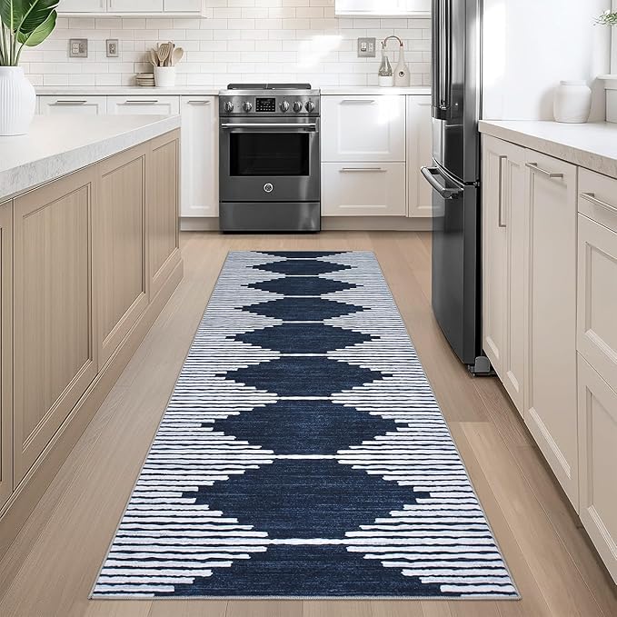 HelloTree Hallway Runner Rug，2.6x8 Moroccan Modern Stripe Carpet Washable Machine Bathroom Runner Bohemian Design Modern Soft Non Slip Indoor Rug for Entryway Hallway Laundry Room Bedroom-Blue