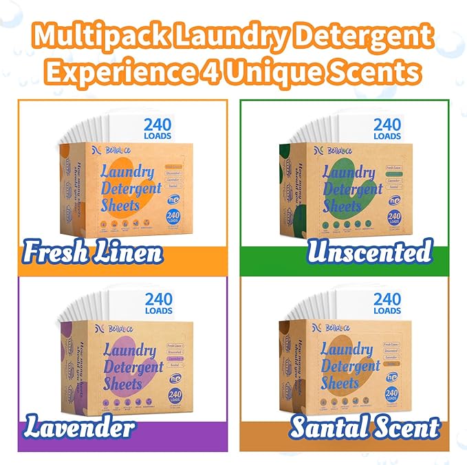 BellaLuce Laundry Detergent Sheets - Laundry Sheets, 240 Loads (960 Count (Pack of 4), Fresh Linen & Lavender & Santal & Unscented)