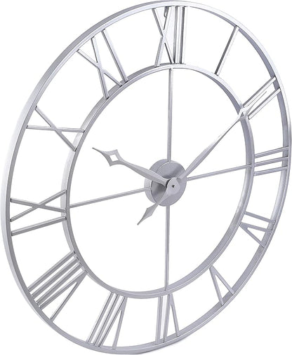 CLXEAST Large Modern 30 Inch Wall Clock Silver, Oversized Big Roman Numeral Metal Wall Clocks for Living Room Decor, Home Office