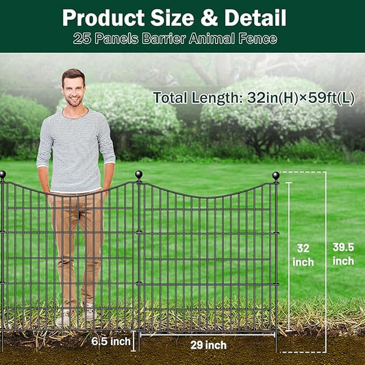 25 Panels Decorative Garden Fence with Gate, 32 in(H) X 59 ft(L) No Dig Dog Fence Animal Barrier Outdoor for Yard, Rustproof Metal Garden Edging and Borders, Temporary Fencing Stakes