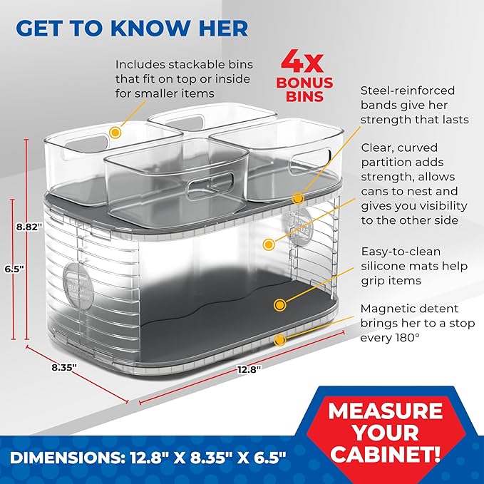 Mighty Susan Kitchen Organizer for Canned Goods: 2-Tiered Robust Turntable Organizer for Cabinet/Pantry. Steel Reinforced Holds Up To 30 lbs. Rotates 360° for Maximum Visibility. Includes 4 Bonus Bins
