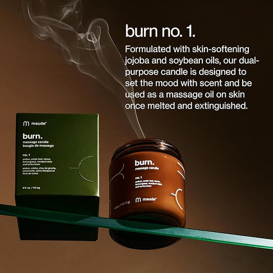 Maude Burn No. 1 - Jojoba Oil Massage Candle with Hydrating, Skin-Softening Soybean Oil - Massage Oil Candle with Notes of Amber, Lemongrass + Tonka Bean - Home + Self Care for Women & Men (4 oz)