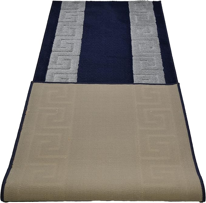 Washable Custom Size Runner Rug Meander Design Navy Blue and Grey, (20 Feet Length x 26 Inch Width) Custom Cut Slip Resistant Rubber Backing Runner Rugs, Extra Long Runner Rugs for Hallways