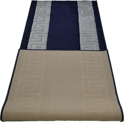 Washable Custom Size Runner Rug Meander Design Navy Blue and Grey, (8 Feet Length x 26 Inch Width) Custom Cut Slip Resistant Rubber Backing Runner Rugs, Extra Long Runner Rugs for Hallways
