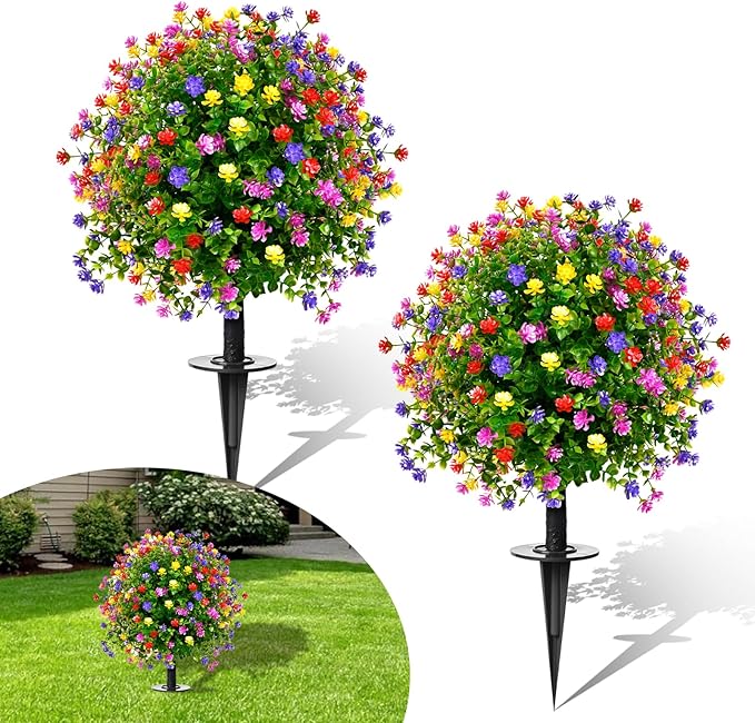 23" Artificial Topiary Boxwood Ball Trees with Ground Spike, Set of 2, UV Resistant Fake Bushes Plants with Camellia Flowers, Faux Cedar Balls Shrubs for Outdoor Indoor Front Porch Garden Decor