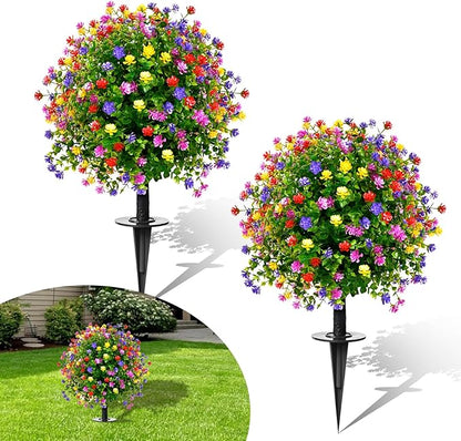 23" Artificial Topiary Boxwood Ball Trees with Ground Spike, Set of 2, UV Resistant Fake Bushes Plants with Camellia Flowers, Faux Cedar Balls Shrubs for Outdoor Indoor Front Porch Garden Decor
