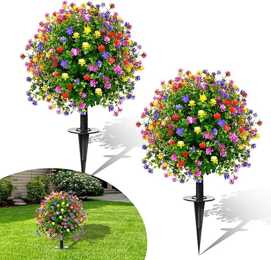 23" Artificial Topiary Boxwood Ball Trees with Ground Spike, Set of 2, UV Resistant Fake Bushes Plants with Camellia Flowers, Faux Cedar Balls Shrubs for Outdoor Indoor Front Porch Garden Decor