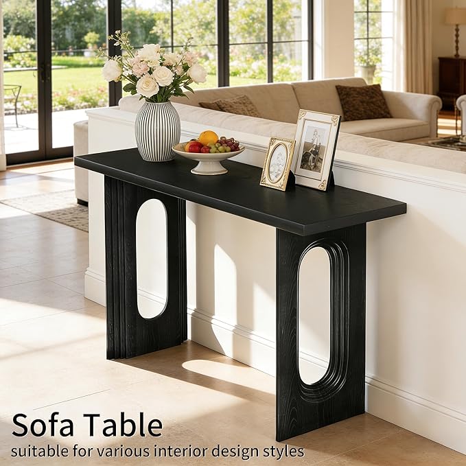 59.2" Entryway Table,Fluted Console Table Modern Farmhouse,Widen Sofa Tables Behind The Couch,Wooden Side Console Table Hollow Support Legs for Living Room/Hallway/Entry Way/Foyer Black