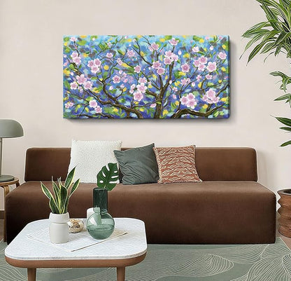ARTZON Large Wall Art for Living Room Pink Green Artwork Cherry Blossom Sakura Floral Tree of Life Nature Botanical Picture Spring Flower Landscape Canvas Print Over Bed Decor Bedroom Office 48"x24"
