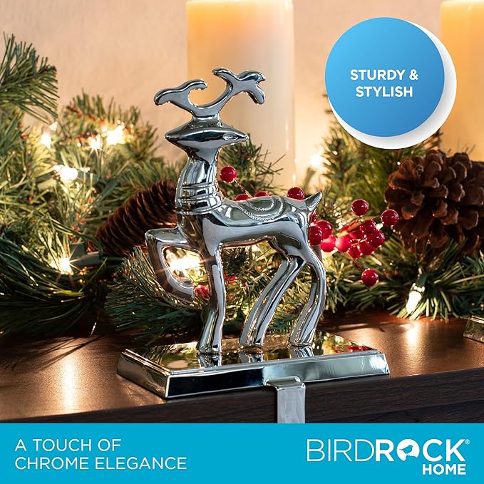 BIRDROCK HOME Christmas Stocking Holders for Mantle - Weighted Metal Hanger for Stockings & Holiday Decor - Sturdy Metal Hook for Fireplace, Staircase & Shelf - Non-Scratch Base - Reindeer