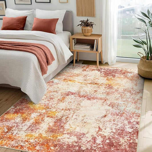 Area Rug Living Room Rugs - 6x9 Washable Modern Neutral Abstract Rugs Soft Low Pile No Slip Stain Resistant Rug Indoor Large Carpet for Bedroom Dining Room Nursery Room Home - Pink/Orange