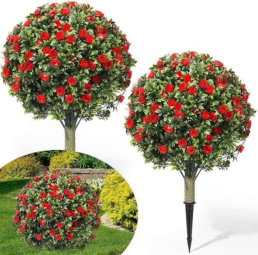 24" Artificial Topiary Ball Tree with Flower Set of 2,Outdoor Fake Topiary with Ground Spike,UV Resistant Faux Artificial Plant Bushes for Indoor Outdoor Front Porch Garden Decor(Dark Red)