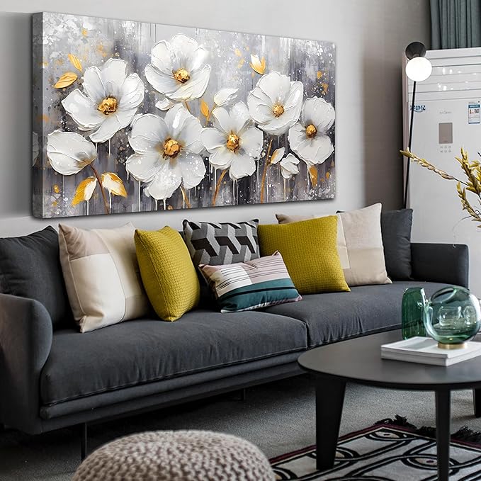 CIRABKY White Canvas Wall-Art - Flower Pictures Wall Decor - Large Wall Art for Living Room Ready to Hang Size 29" x 59"
