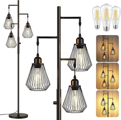 QiMH Industrial Floor Lamps for Living Room, Tree Standing Lamp with Stepless Dimmable, 68" Modern Tall Stand up Lamps for Bedroom Study Office, E26 Socket, 3 LED Bulb Included, Black
