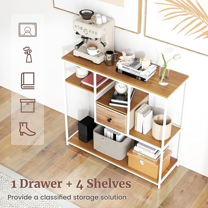 Giantex 40” Narrow Console Table, Modern Sofa Table with Open Storage Shelves and Removable Drawer, Skinny Behind Couch Tables, Long Entrway Tables for Living Room, Foyer, Hallway (Natural + White)