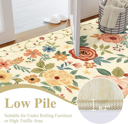 DUKINO Runner Rug, 2x10 Kitchen Hallway Carpet, Washable with Non-Slip Backing, Low Pile Soft Boho Floral for Entryway, Laundry, Bedroom, Beige Yellow