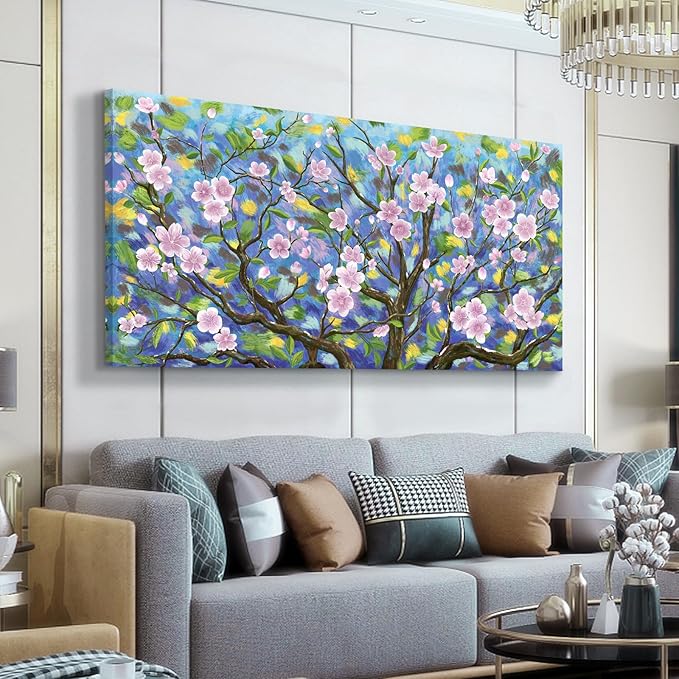 ARTZON Extra Large Pink Wall Art Abstract Flower Plum Blossom Botanical Canvas Prints Oversized Nature Artwork Tree Landscape Horizontal Big Picture for Home Living Room Bedroom Office Decor 58"x29"