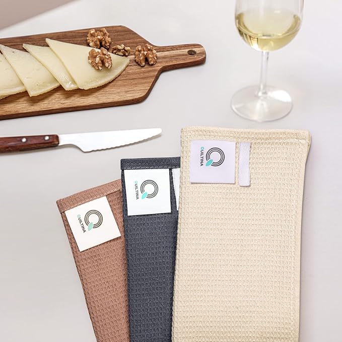 QUILTINA Dish Towels Set,100% Cotton Waffle Weave Kitchen Towels 6 Pack,17 x 25 Inches Dish Towels for Kitchen,Super Absorbent for Drying and Cleaning (Beige, Brown, Dark Grey)