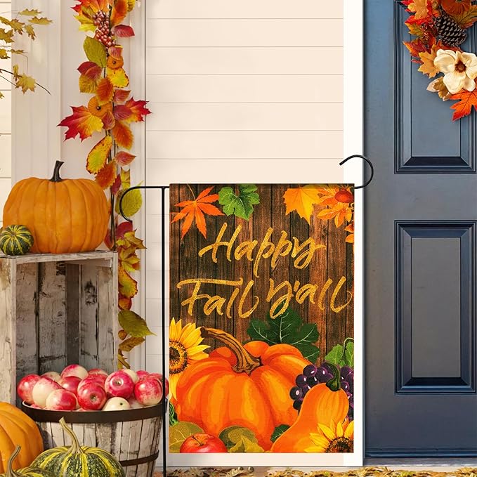 Solar Garden Flag with Lights - Happy Fall Y'all 12 x 18 Double Sided 5 Modes Led Pumpkin Yard Sign for Farmhouse Patio Lawn Harvest Thanksgiving