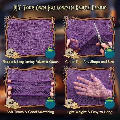 Legigo 12 Pack Halloween Creepy Cloths Cheesecloths, Spooky Black Mesh Fabric Cheese Cloths for Crafts, Scary Gauze Fabric for Party Supplies Home Wall Doorway Outdoor Yard Decor(Black,White,Purple)