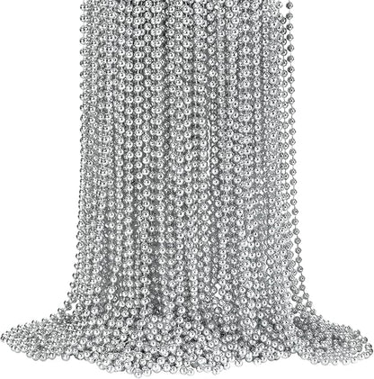 72 PCS Silver Bead Necklaces, Silver Mardi Gras Christmas Beads Necklaces, Patriotic Necklaces, 33 Inch Beaded Necklaces for Mardi Gras Christmas Party, 4th of July and New Year Eve Festive Events