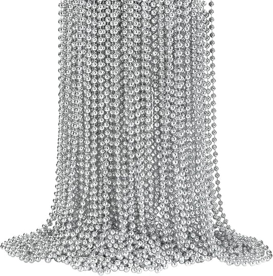 72 PCS Silver Bead Necklaces, Silver Mardi Gras Christmas Beads Necklaces, Patriotic Necklaces, 33 Inch Beaded Necklaces for Mardi Gras Christmas Party, 4th of July and New Year Eve Festive Events