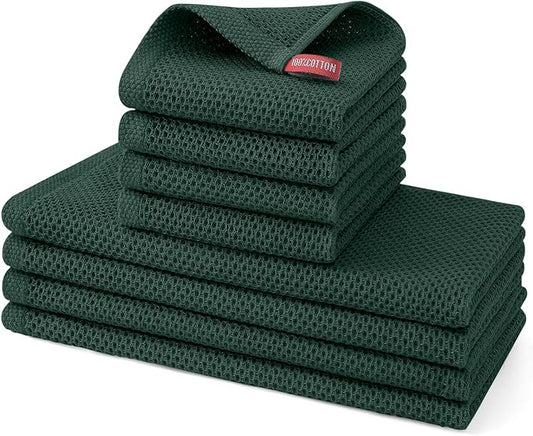 Kitinjoy 100% Cotton Kitchen Towels and Dishcloths Set, 8 Pack Waffle Weave Dish Towels Ultra Soft Absorbent Quick Drying Dish Rags, 13 x 28 Inch and 12 X 12 Inch, Blackish Green