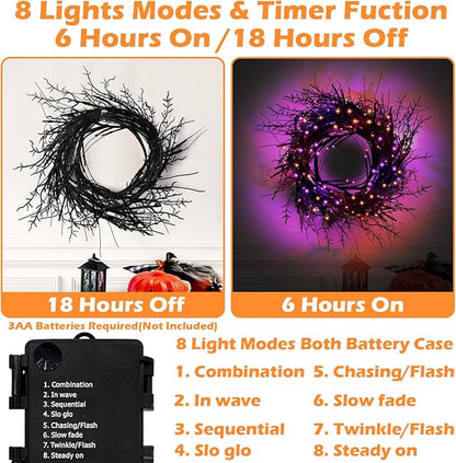 9 Ft 54 LED Halloween Willow Vine Twig Decor Garland with 8 Modes Timer Orange & Purple Lights Waterproof Battery Operated Halloween Decorations for Home Bedroom Wall Fireplace Mantle Decor