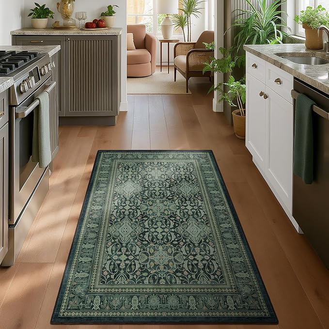 Entryway Rug 3x5 Dark Green, Vintage Boho Floral Moroccan Pattern Printed Throw Rugs for Bedroom Bedside, Low Pile Thin Non Slip Washable Area Rug for Kitchen Foyer Mudroom Dorm