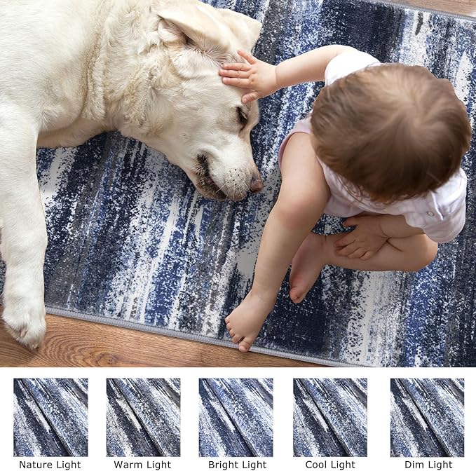 Modern Abstract Runner Rug 2x5, Navy Blue Washable Entryway Kitchen Runner Non-Slip Soft Hallway Rug Runner Thin Print Faux Wool Carpet for Bedroom Laundry Room Indoor