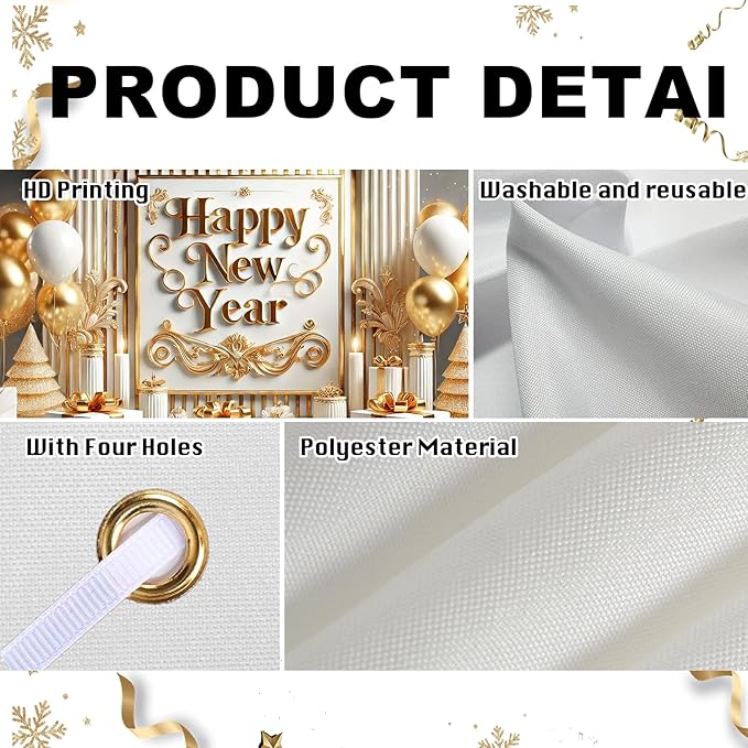 Nuxovilar Happy New Year Banner, Vintage Frame Golden Balloons Backdrop for Party Decorations, 71x43 Inch