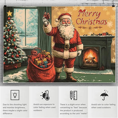 YongFoto Retro Merry Christmas Backdrop 10x7ft Santa's Home Christmas Tree Fireplace Photography Background Happy New Year Xmas Eve Family Party Banner Room Decor Photoshoot Wallpaper Photo Booth
